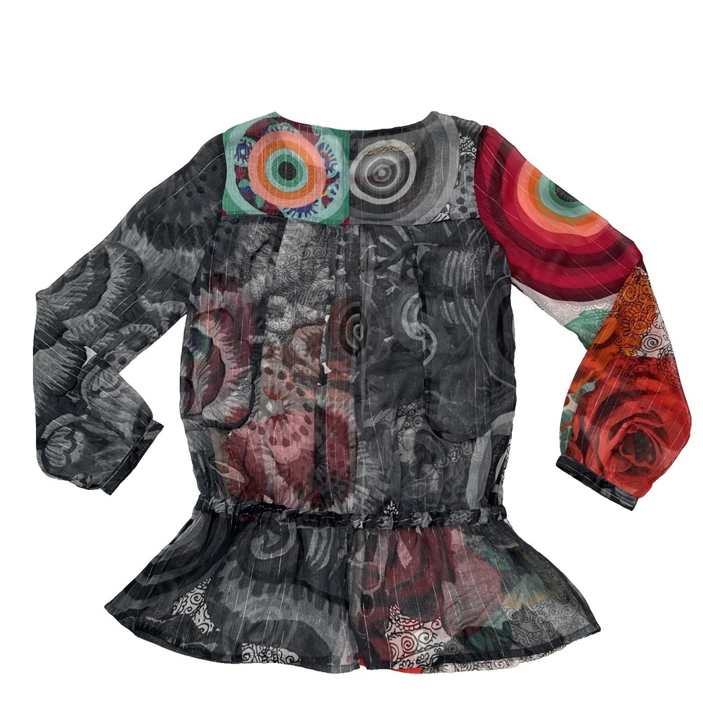 Desigual Small Colorful Patchwork Sheer Chiffon Tunic Blouse Boho Long Sleeve - Picture 3 of 11